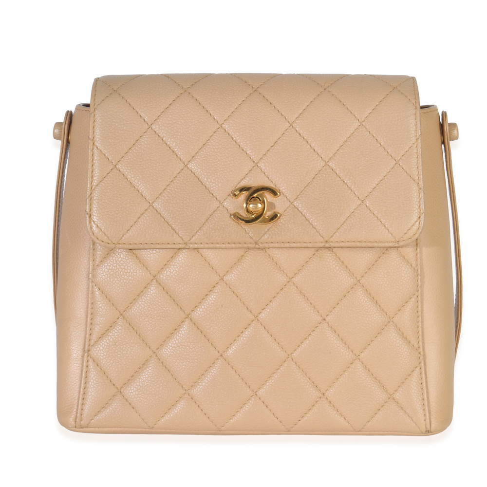 Chanel Vintage 24K Beige Quilted Caviar CC Shoulder Handbag